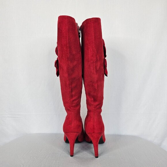 Red Velour Knee-High Women's Boots with Rose/Flower Accents, Size 6M - Picture 9 of 16